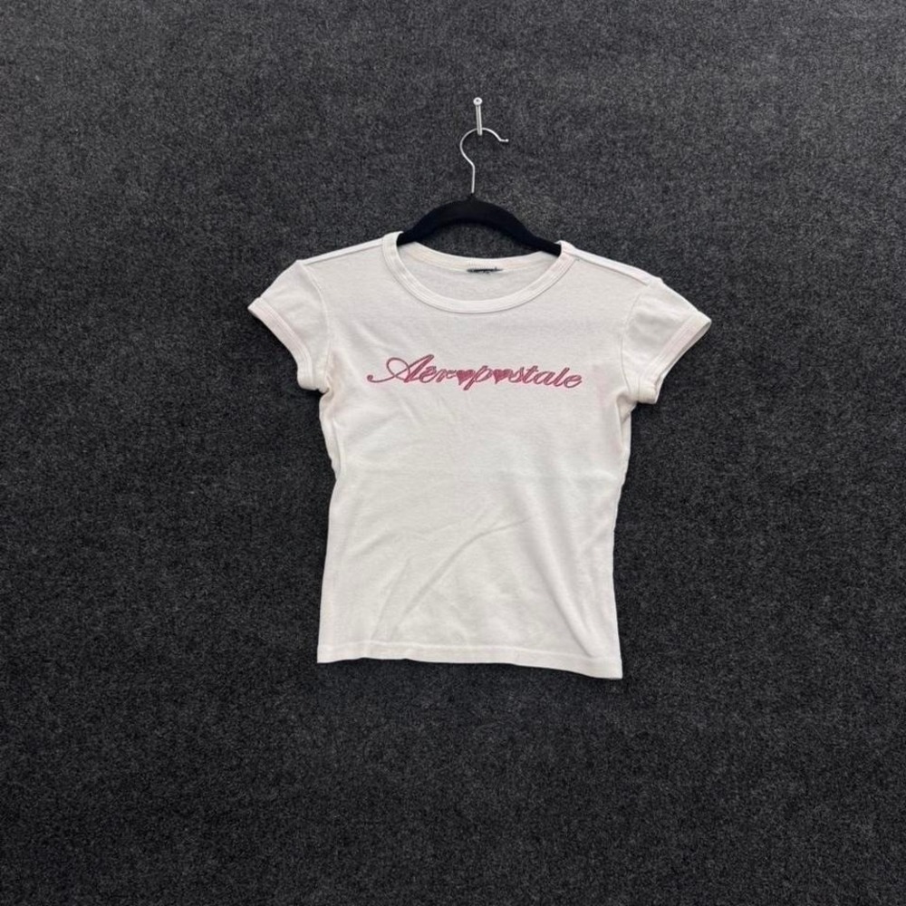 Aeropostale White Pink Script Baby Tee Womens Small Y2K Crop Top